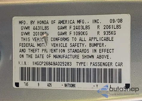 2009 Honda Accord 2.4 Ex-L z USA, uszkodzony, nr VIN 1HGCP26849A025283